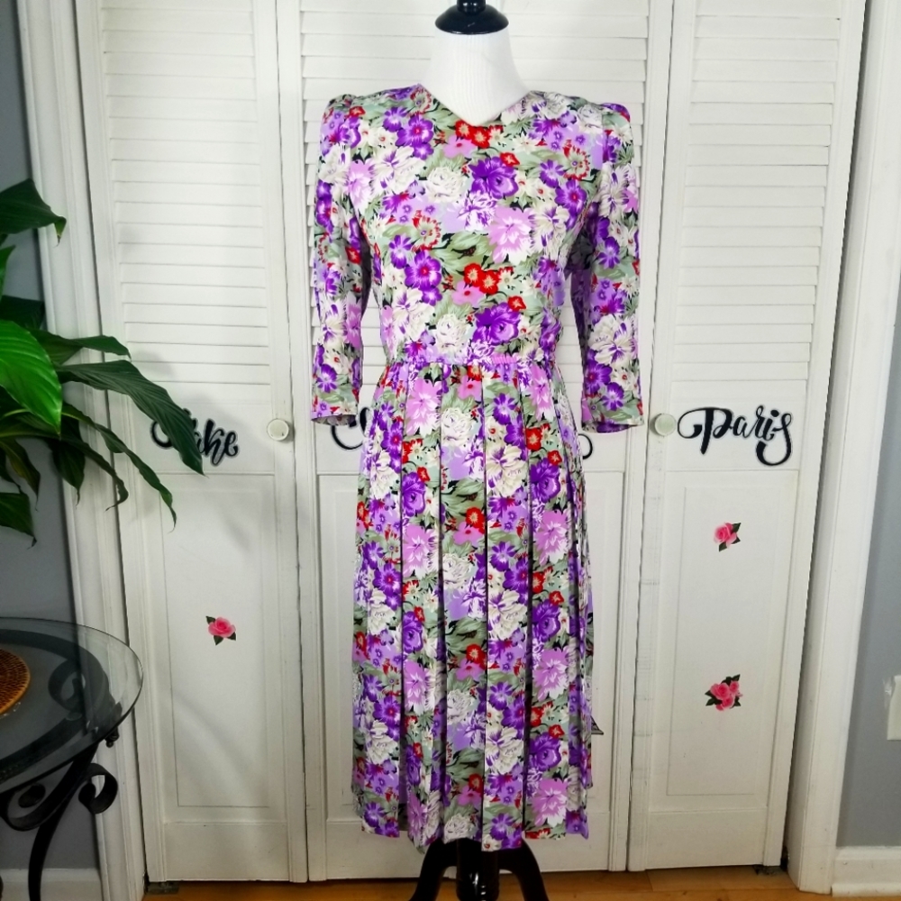 Pellini Petites Von Bromlett  floral midi dress 4P purple modest church costume